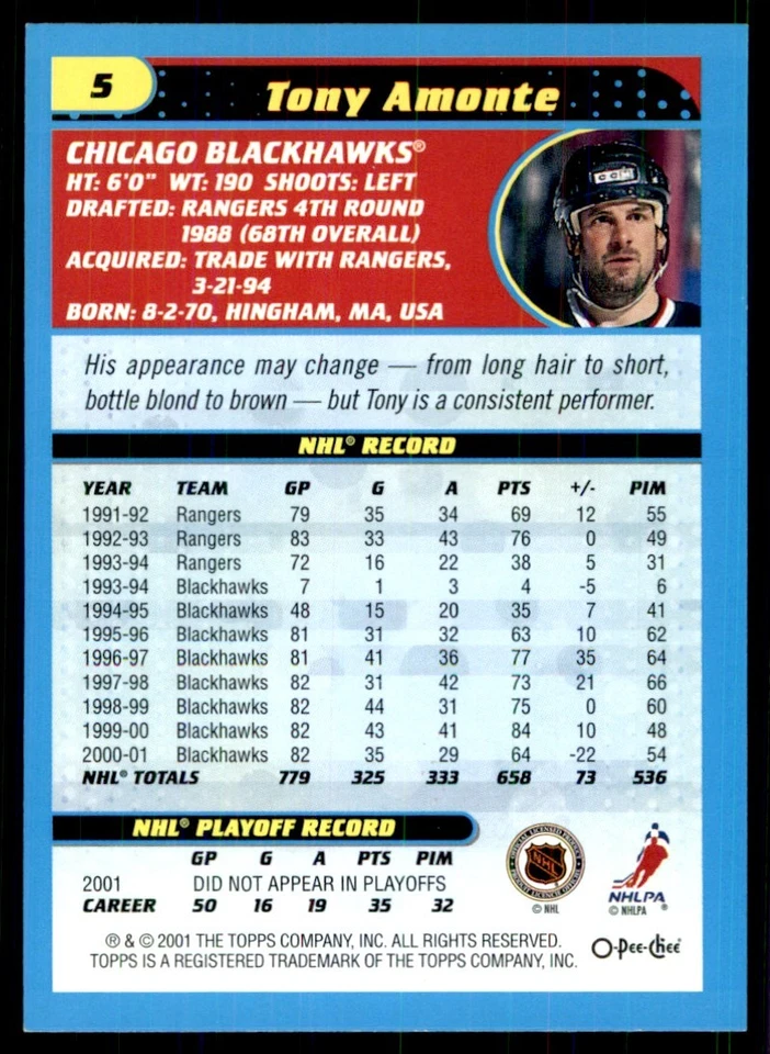 2001-02 O-Pee-Chee Tony Amonte Chicago Blackhawks #5 - Image 2 of 2