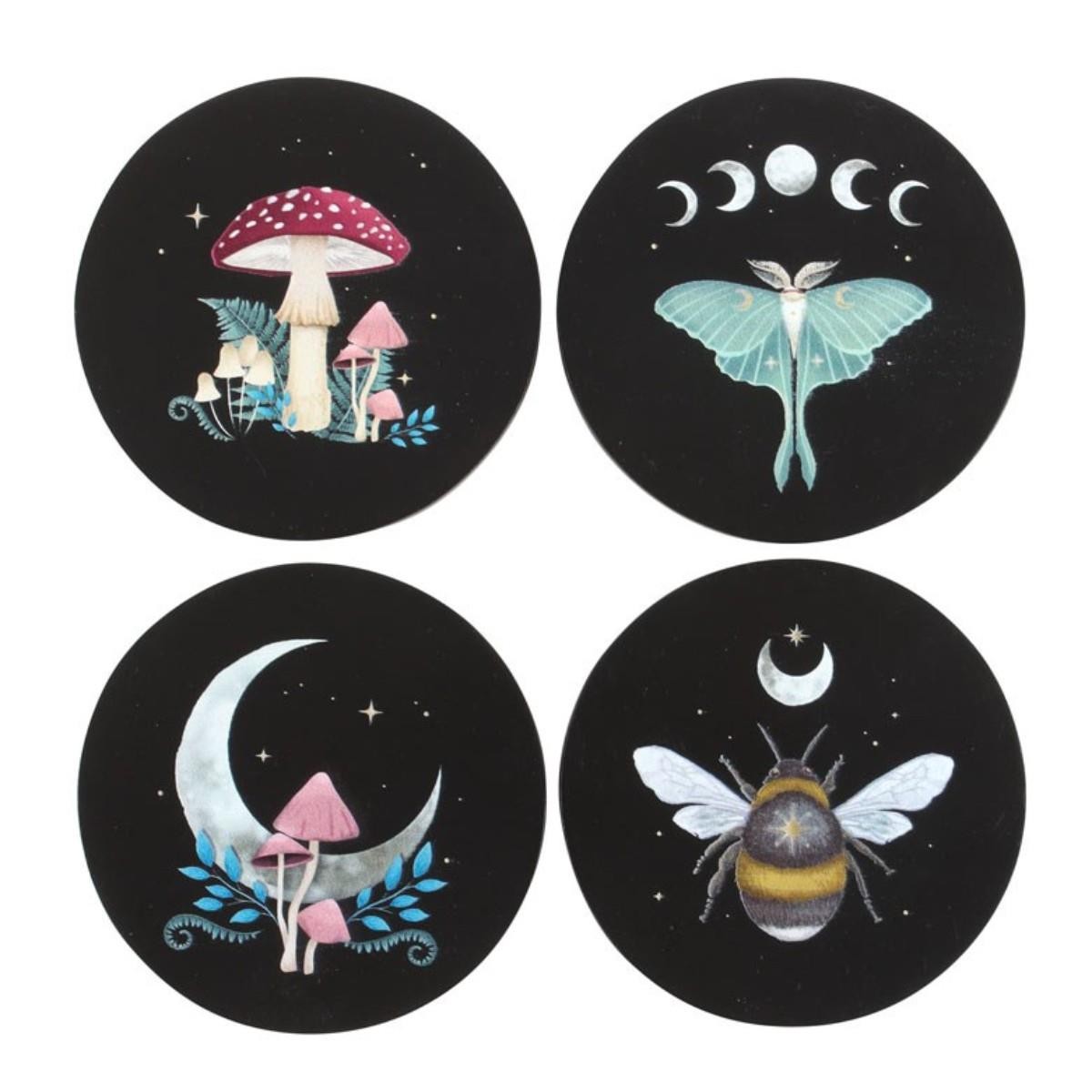 Dark Forest Coaster Set - Gothic Moon, Moth, Bee & Mushroom Aesthetic Decor