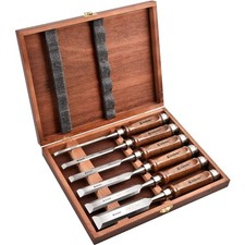 Holzmei&szlig;el Set mit abgeschr&auml;gter Kante - CRV Stahl mit Walnussholzgriff und H...