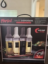 Parini 4 Piece Auto-pour Sauce Dispensers W/Acacia Wood Tray