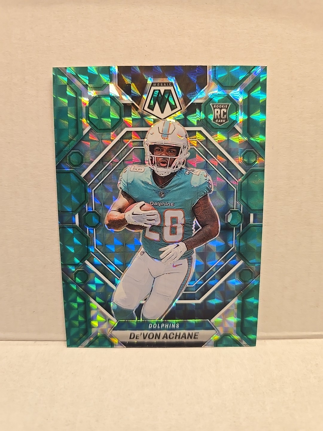 Devon Achane 2023 Panini Mosaic Green Prizm ROOKIE CARD # 312 Miami Dolphins