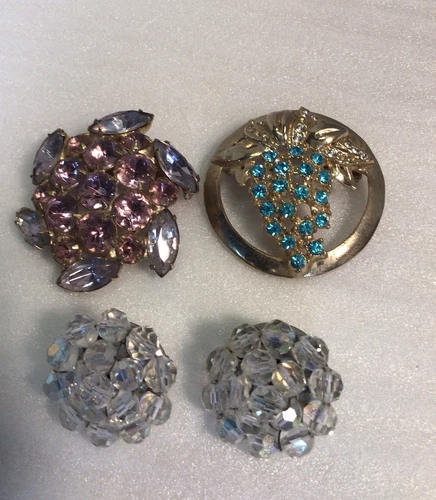 Costume Jewelry Lot Rhinestones, Clip On Earrings, Grape Brooch Pin MCM Vintage