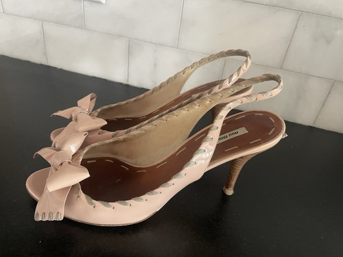 Miu Miu Beige Patent Leather Bow Peep Toe Platform Pumps Size 6 - Picture 4 of 8