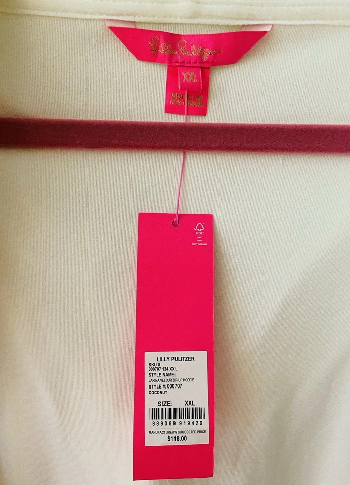 NUEVO CON ETIQUETAS LILLY PULITZER XXL Larina Terciopelo Cremallera Sudadera con Capucha Chaqueta Blanco Coco Foto 4 de 4