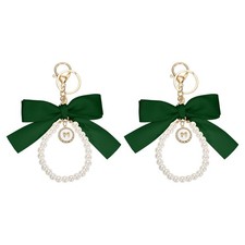 2Pcs Ribbon Bow Keychain, Cute Pearl Wristlet Keychain Bow Charm, Green
