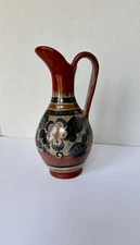 VTG Tonala Mexican Folk Art Pottery 10”Floral Pitcher Jug Signed Hand-Painted