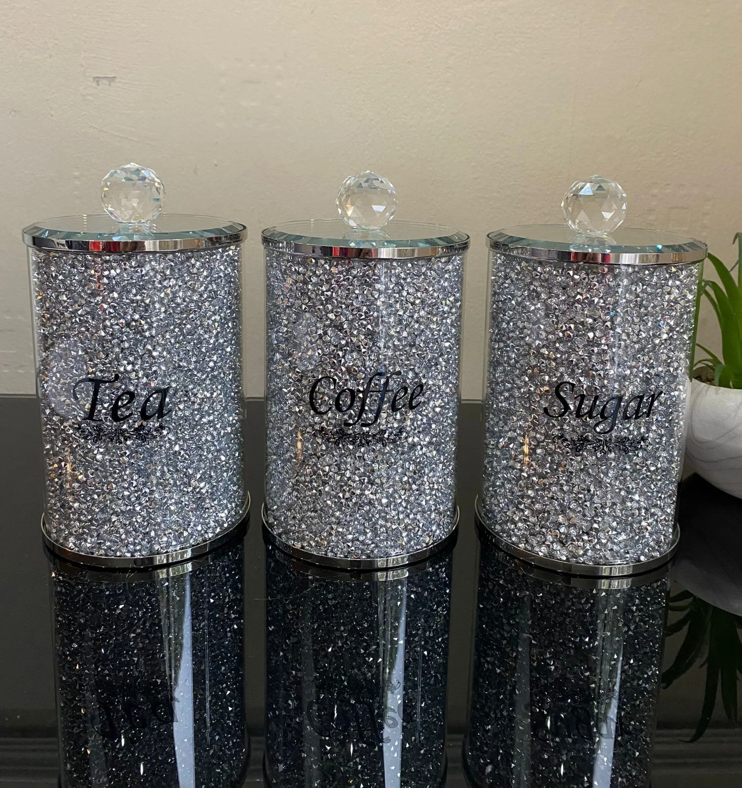 Diamond Crushed Tea Coffee Sugar Canisters Jars Set of 3 Kitchen Sparkle