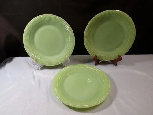 Set of 3 Anchor Hocking Fire King Green Jadeite Glass Jane Ray Salad Plates
