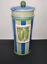 Pea Pod Ceramic Pasta Container 13.5" Tall Blue & Green Stripe Kitchen Canister 