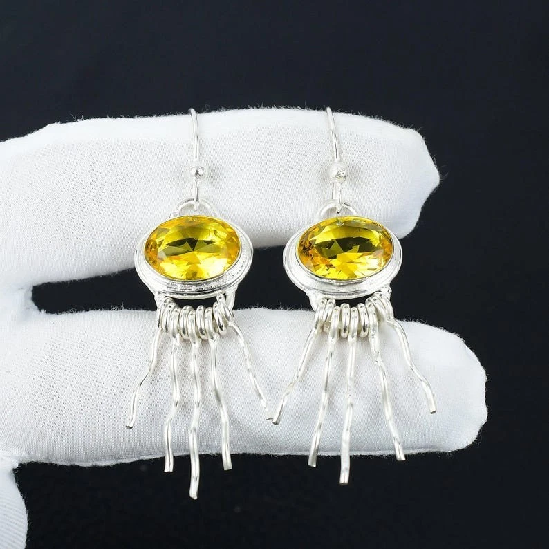 925 Sterling Silver Yellow Citrine Gemstone Handmade Jewelry Earring Size-1.5" - Image 2 of 4