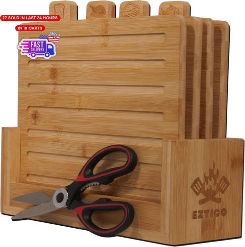 4-Piece Bamboo Cutting Board Set and Premium Scissors, Perfect Wooden Charcuteri