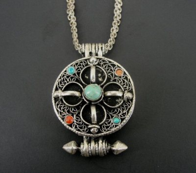 Vintage Coral Turquoise Stones Sterling Silver Stash Pill Box Pendant  Necklace