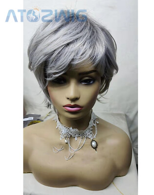 Women Short Ombre Grey Wigs Pixie Cut Wig Straight Wave Layered Hair Synthetic 