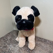 14" Brown Tan Black Pug Dog Super Soft Plush Wearing Pink Bandana