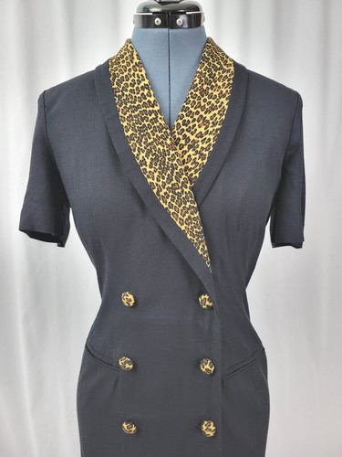 Vintage Danny & Nicole Black Pencil Dress w Animal Print Collar & Buttons Sz 8P - Picture 3 of 19