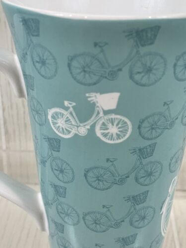 222 FIFTH TALL TURQUOISE BLUE COFFE TEA MUG BICYCLE WITH GARDEN BASKET Porcelain - Picture 5 of 9