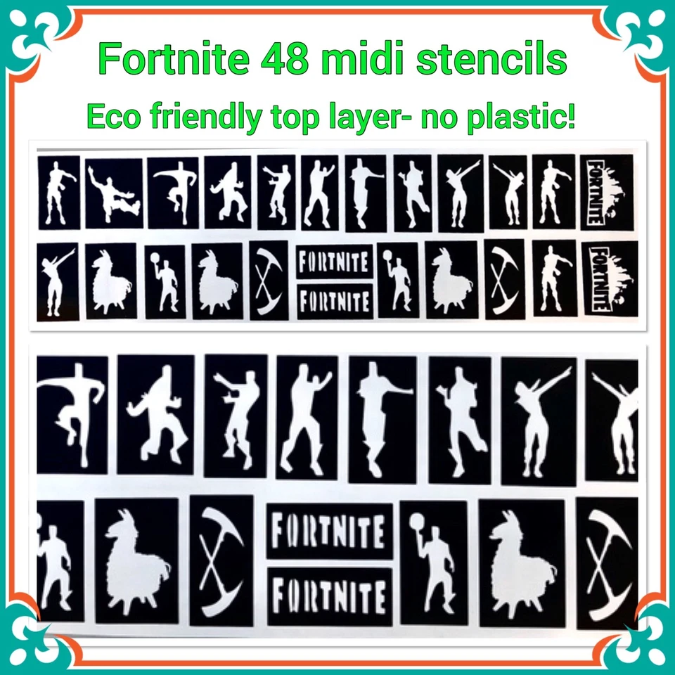 THE UNIQUE LITTLE GIFT SHOP LTD 48 X FortNite Glitter Tattoo stencils Midi facepainting Glass Painting