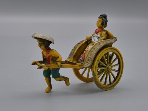 Vintage Celluloid Rickshaw Running Man Pulling Geisha Lady Moving Wheels 2.75" - Picture 4 of 11