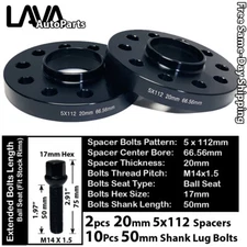 2PC 20MM THICK 5X112 66.5MM C.B WHEEL SPACER+10 BOLTS FIT AUDI/MACAN STOCK WHEEL