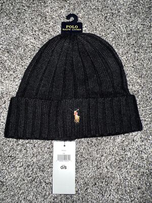 POLO RALPH LAUREN MEN'S BLACK WOOL BEANIE HAT ONE SIZE NEW