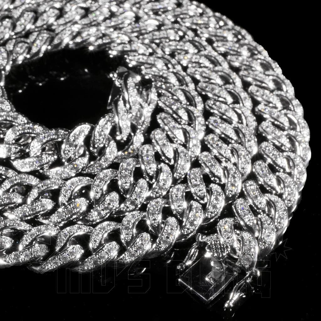 18K White Gold Plated Iced Lab CZ CUBAN Miami Chain Link Mens