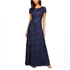 Alex Evenings Navy Rosette Embellished Lace A-Line Gown NWT