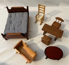 Dollhouse Furniture Lot Wooden Bed Chairs Tables Baby cradle Mattress 8 pieces