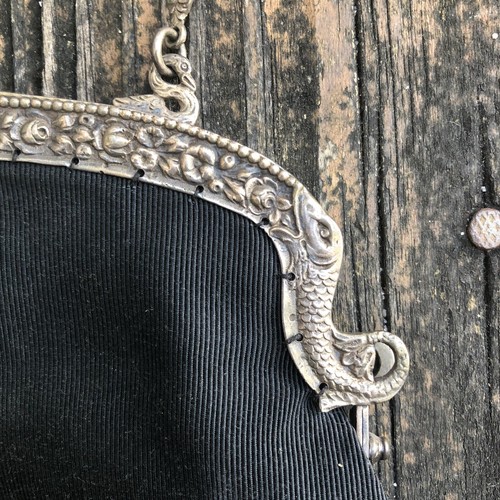 Black Fabric Purse Evening Bag Silver Fish Frame Floral Lining Italy Vtg 30s 40s - Picture 9 of 12