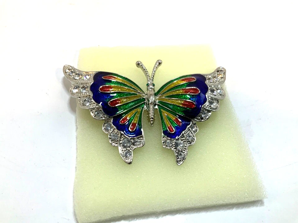 VINTAGE BUTTERFLY ENAMELED COLORS SPARKLING RHINESTONE CRYSTAL BROOCH JEWELRY - Image 2 of 4