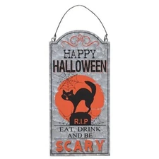 Halloween Primitive Rustic Style Galvanized Metal Eat Drink Be Scary Cat Sign