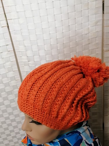 Mütze Strickmütze orange rost Bommel Neu Damen Herren Grobstrick - Picture 2 of 4