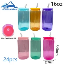 24Pcs 16oz Glass Cups with Lids & Straws Sublimation Transfer Blanks US Stock