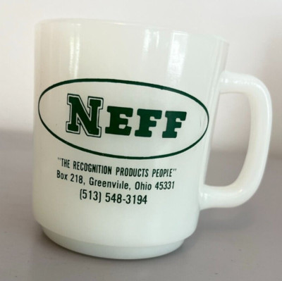 Neff Mug Greenville Ohio Advertising Milk Glass Glassbake Coffee Cup