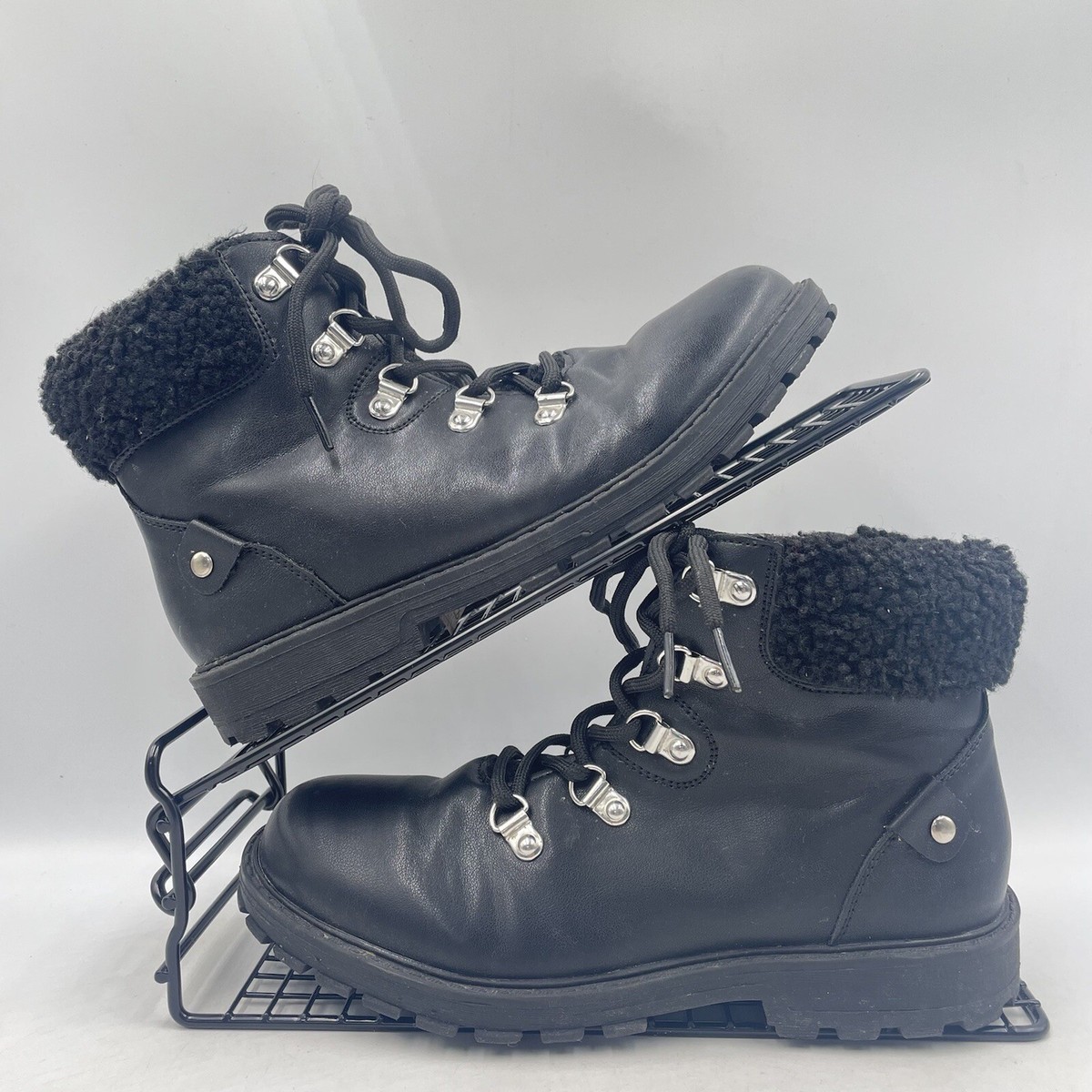 DUNNES BLACK BIKER BOOTS SIZE UK FAUX LEATHER LACE UP STOMPER SHERPA