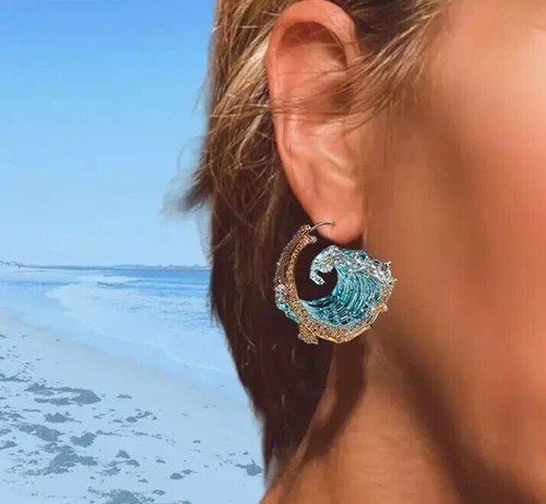 Ocean's Oath Jewelry Set, Boho Blue Ocean Wave Necklace Earring Rings 3pcs Set - Picture 4 of 15