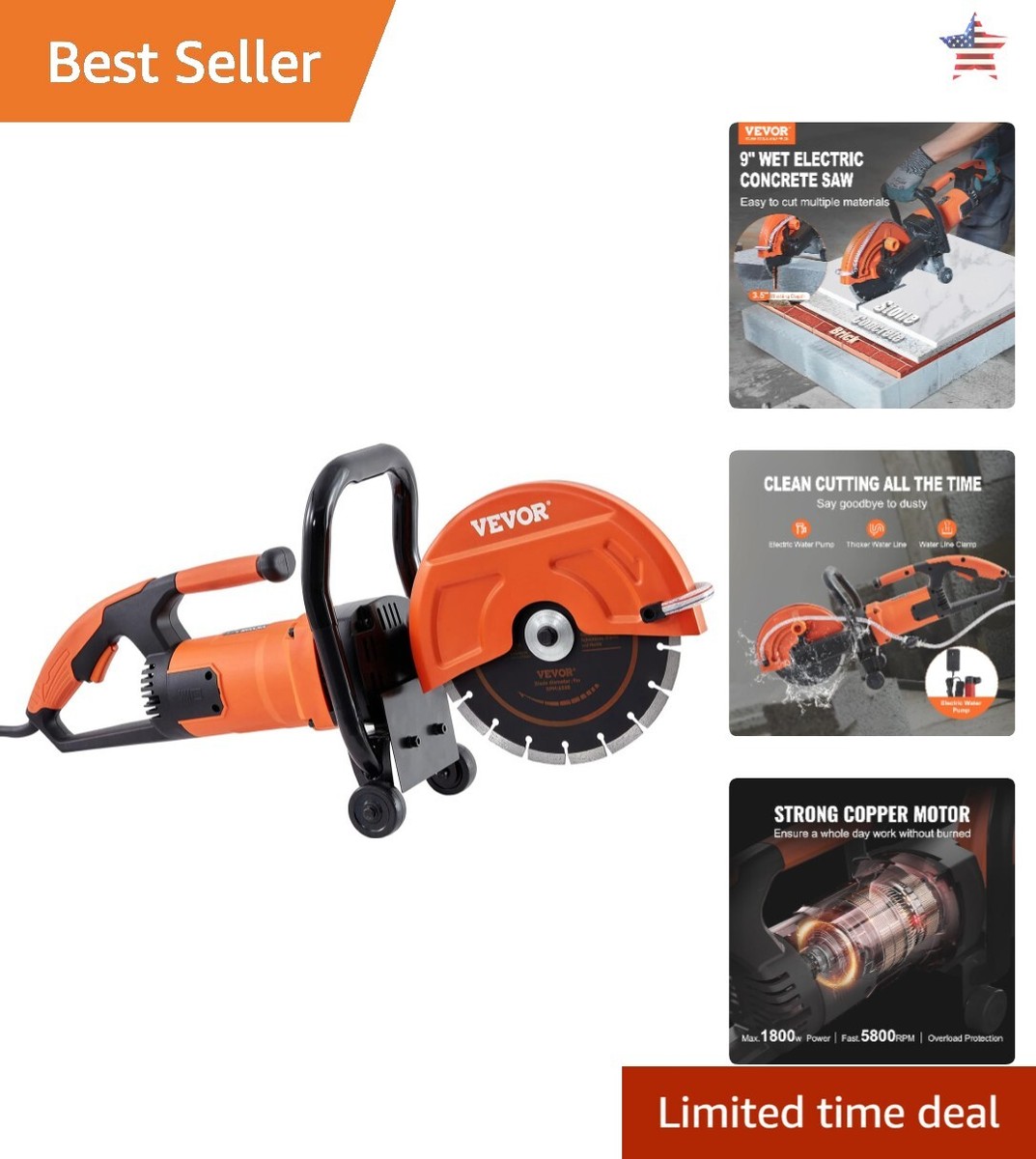 Electric Concrete Saw - 9&quot; Circular Cutter with 3.5&quot; Cutting Depth 