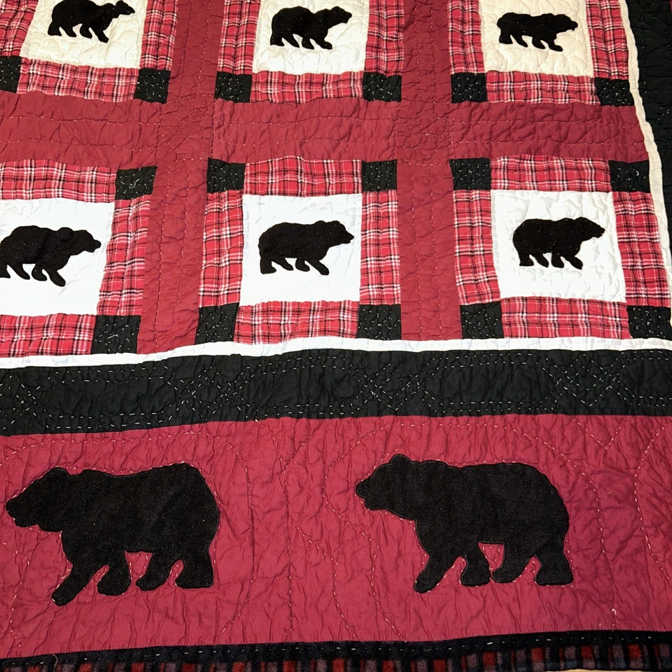 Colcha/jogo Woolrich Black Bear Crossing xadrez vermelho preto cabine aconchegante dupla 86X62 - Imagem 2 de 4