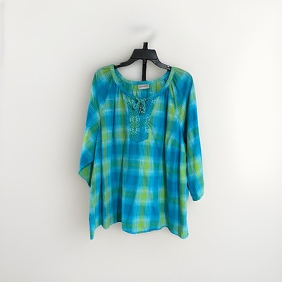 Catherines womens blouse shirt top babydoll blue green boho 3X EUC C128