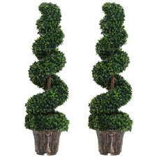 Outsunny 2 Pack Artificial Boxwood Spiral Tree Decorative Plant w/ Pot