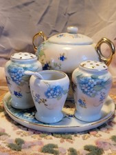 Antique Porcelain For-get-me-not  Hand Painted Sugar Bowl w/Underplate Salt Pepp