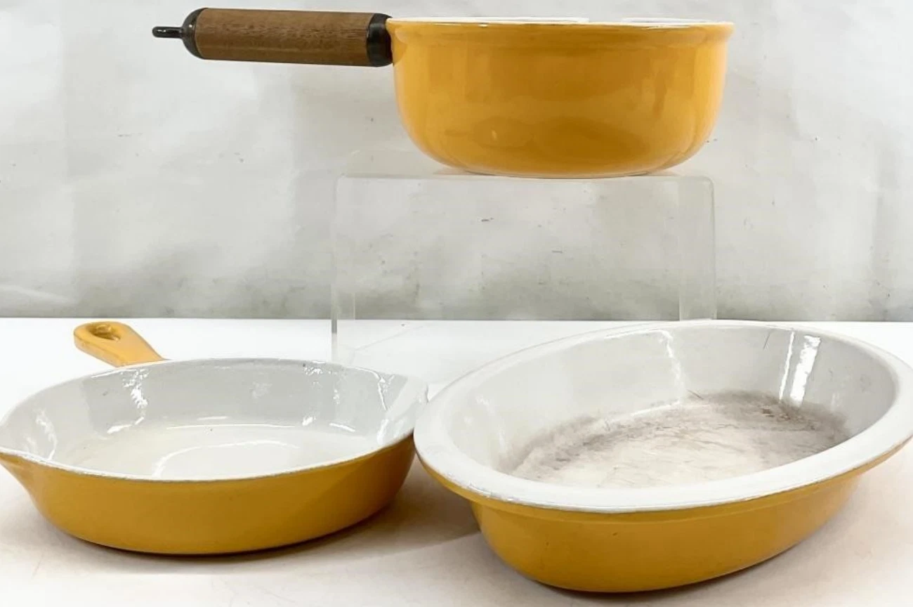 3pc Vintage French Yellow Cast Iron - Le Creuset Yellow #17 & #24 + Cousance #16