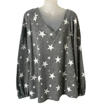 Lane Bryant Thermal Knit Top Star Print Balloon Long Sleeves Sz 22/24 Gray White