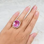 Fuchsia Pink Tourmaline Oval 23.55Ct 925 Sterling Silver 24K Gold Ring Size 6.75