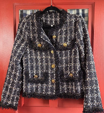 Black, White Gold Metallic Tweed Button Front Long Sleeve Blazer Jacket Size S