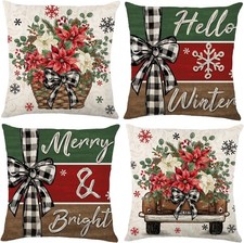 4PCS Christmas Winter Pillow Covers 18x18 Inch, Red Green Floral Truck Winter Pi