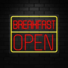 Breakfast Open Neon Sign for Retail Displays | LED Flex Neon | 31"W x 24"H x 1"D