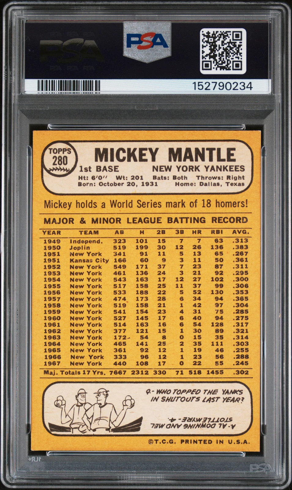 1968 Topps #280 Mickey Mantle PSA 6 EX-MT Well Centered New Label view 2