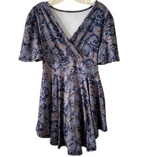 Boho Paisley Wrap Dress Women's Blue Brown Short Sleeve Tie Waist Flowy Small