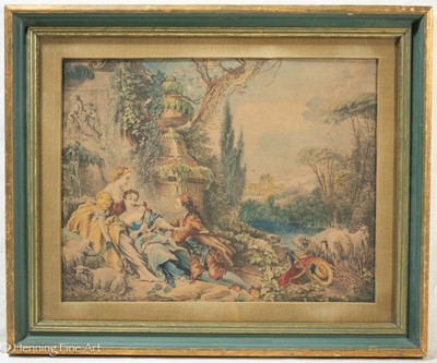 Antique French Lithograph of Romantic Man Wooing Ladies in Garden 16.5x20''