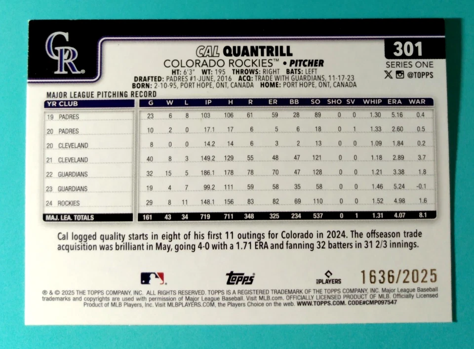 2025 TOPPS BASEBALL  *** Cal Quantrill: Gold ***  #301       1636/2025 - Image 2 of 2